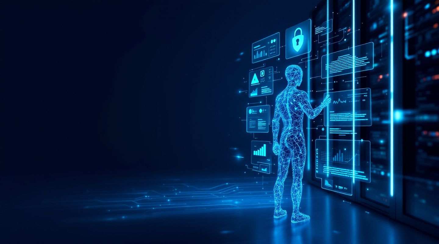 Holographic AI agent working autonomously across a data center, representing Claude Fable 5.1 and Mythos 5.1
