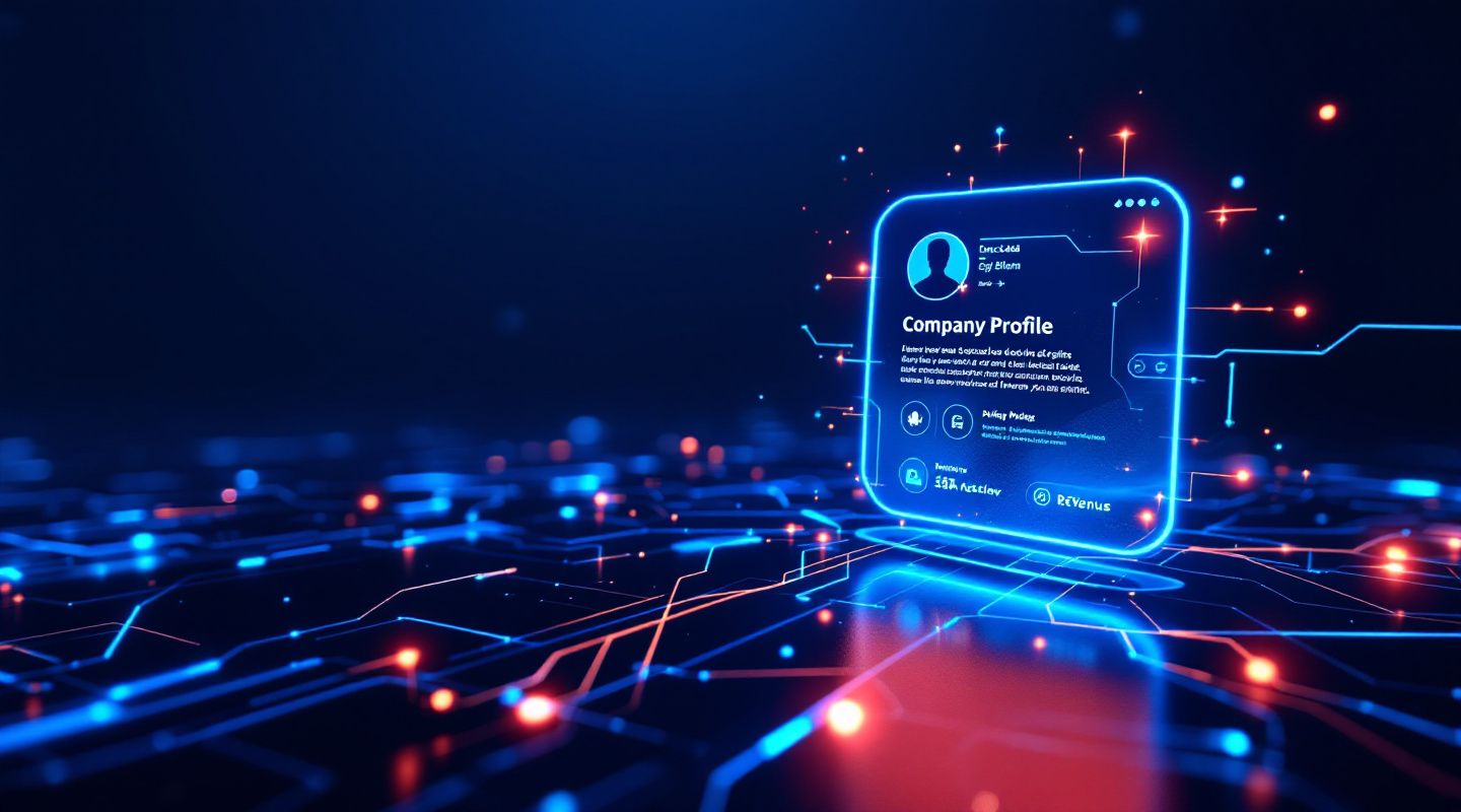 A dormant company profile card reactivating with glowing cyan signals representing revenue growth