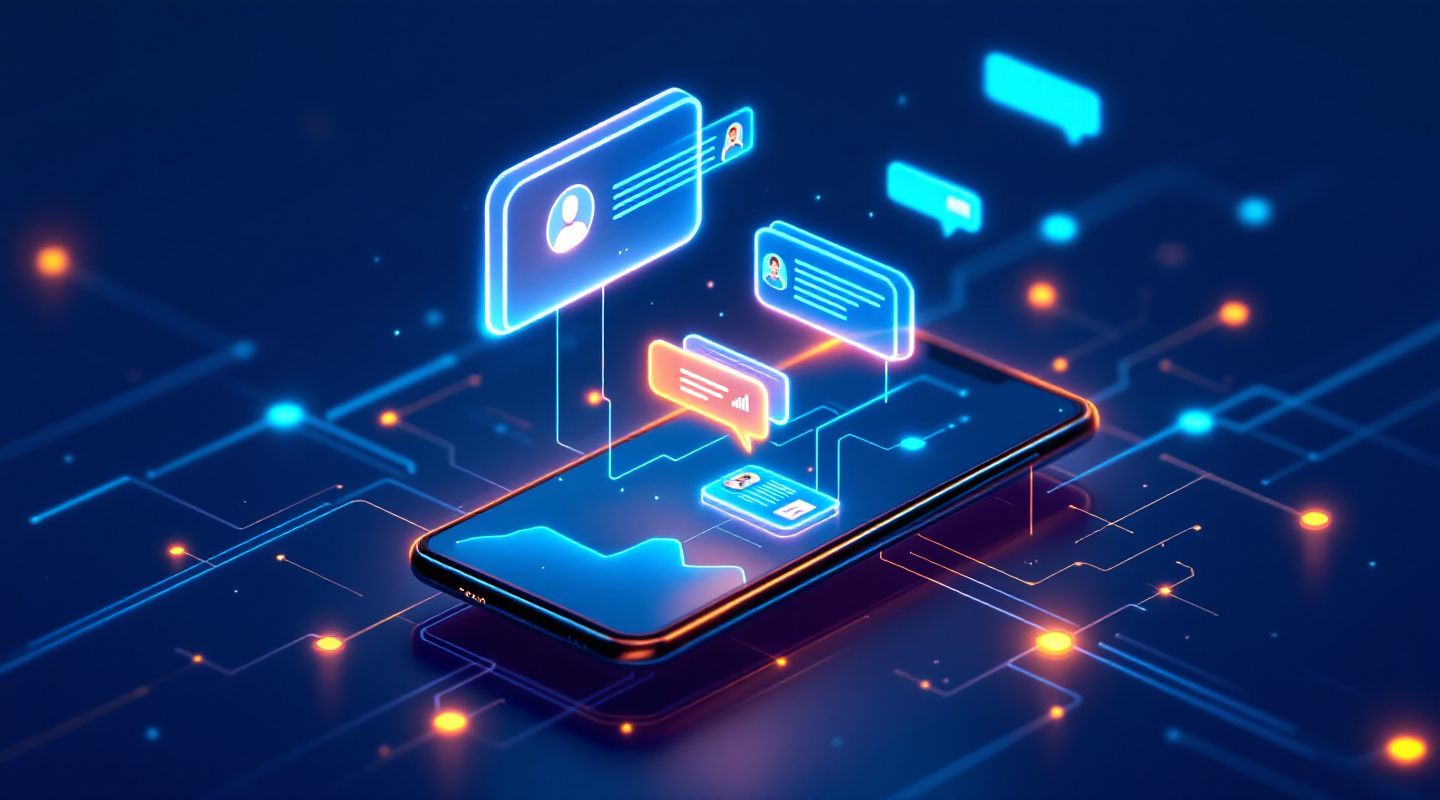 Smartphone streaming SMS messages into a holographic CRM dashboard, representing Twilio SMS integration with Ana